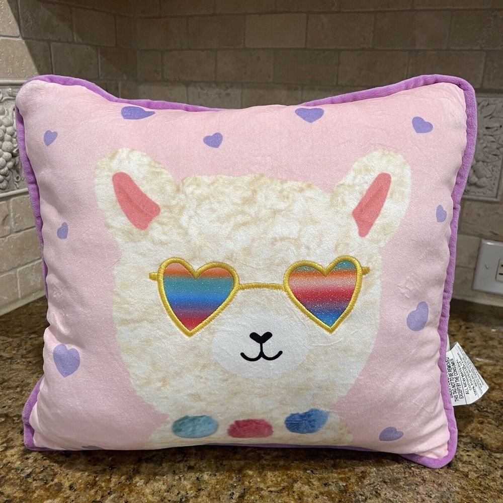 Llama Accent Throw Pillow 14x14 Inch Wearing Heart Glasses Rainbow Plush Pink‎